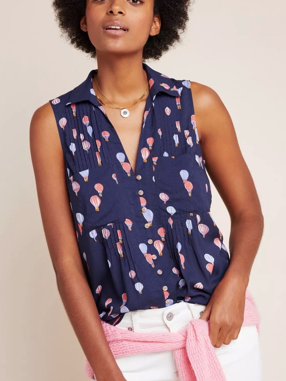 Maeve Whimsical Pin Tucked Blouse Hot Air Balloon Print Medium M